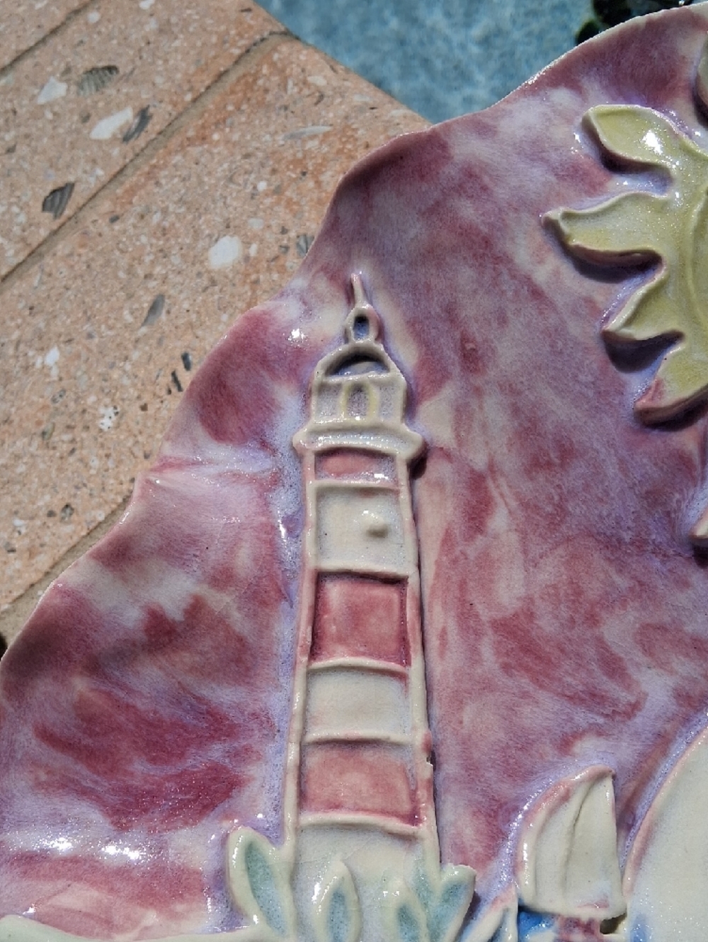 Unique 3D Handcrafted Coastal Ceramic Center Bowl Art W/Pastel Sea Life Theme. - Picture 6 of 15